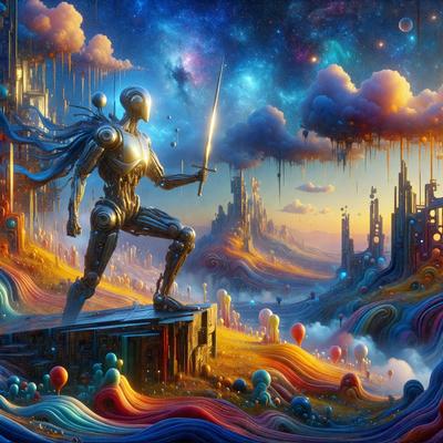 Primary subject: A robot holding a sword.

Setting/background: A futuristic city with a sky background.

Visual style: Digital art.

Colors and mood: The image is colorful and has a surreal, dreamy atmosphere.